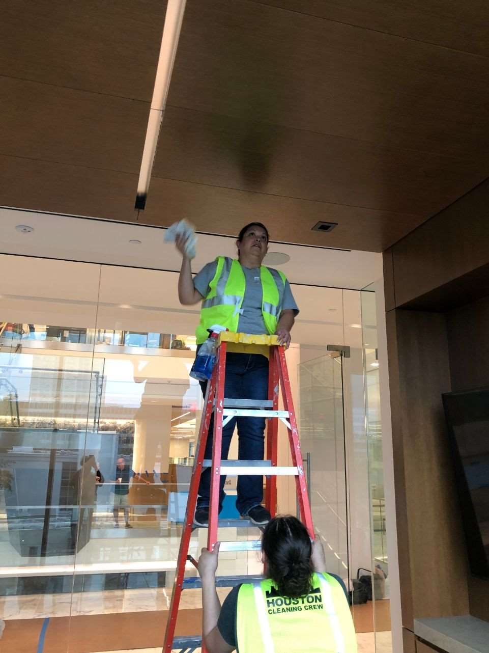 Final post-construction clean in a commercial lobby